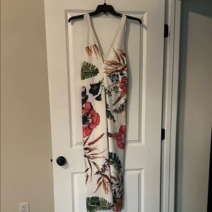 Tropical Pink and Green Sheath Maxi Dress with Plunge Neckline